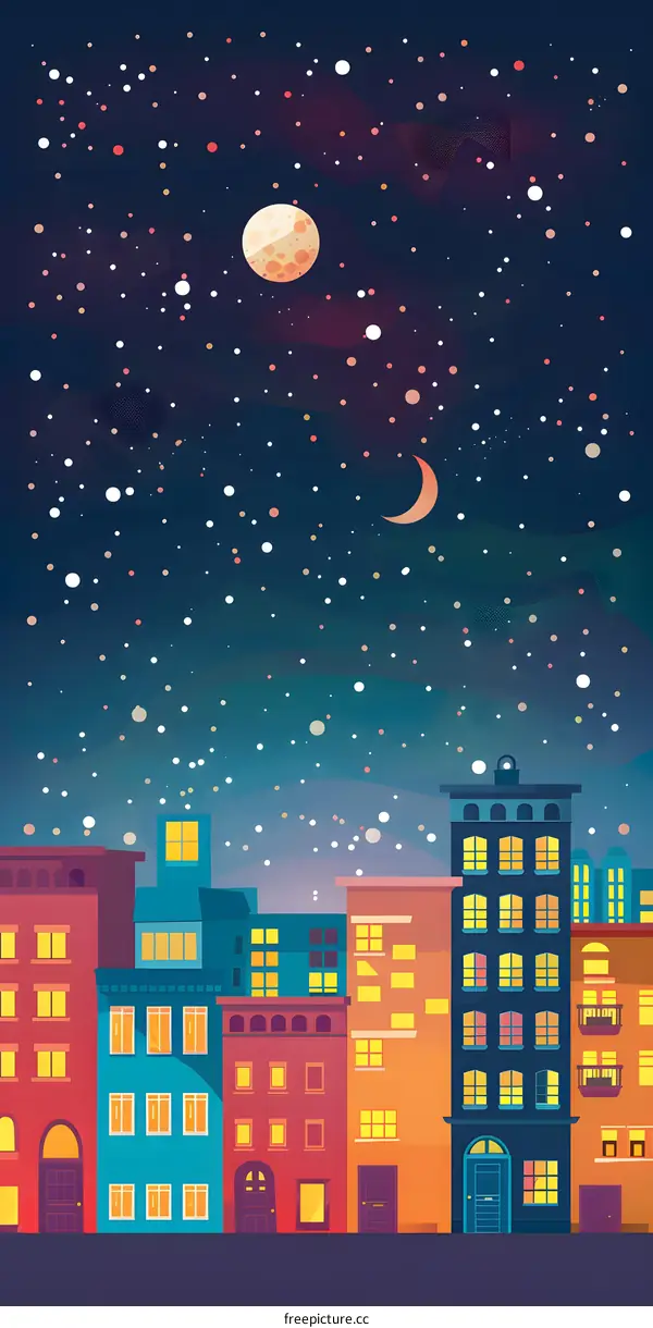 Night Sky With Stars And Moon Above Cityscape Illustration
