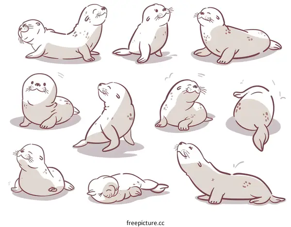 Cute Cartoon Seal Illustration Set