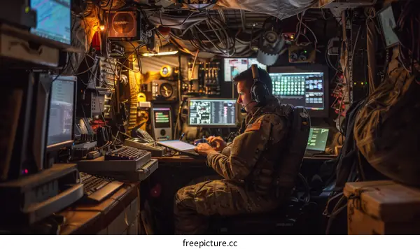 Soldier working in a command center