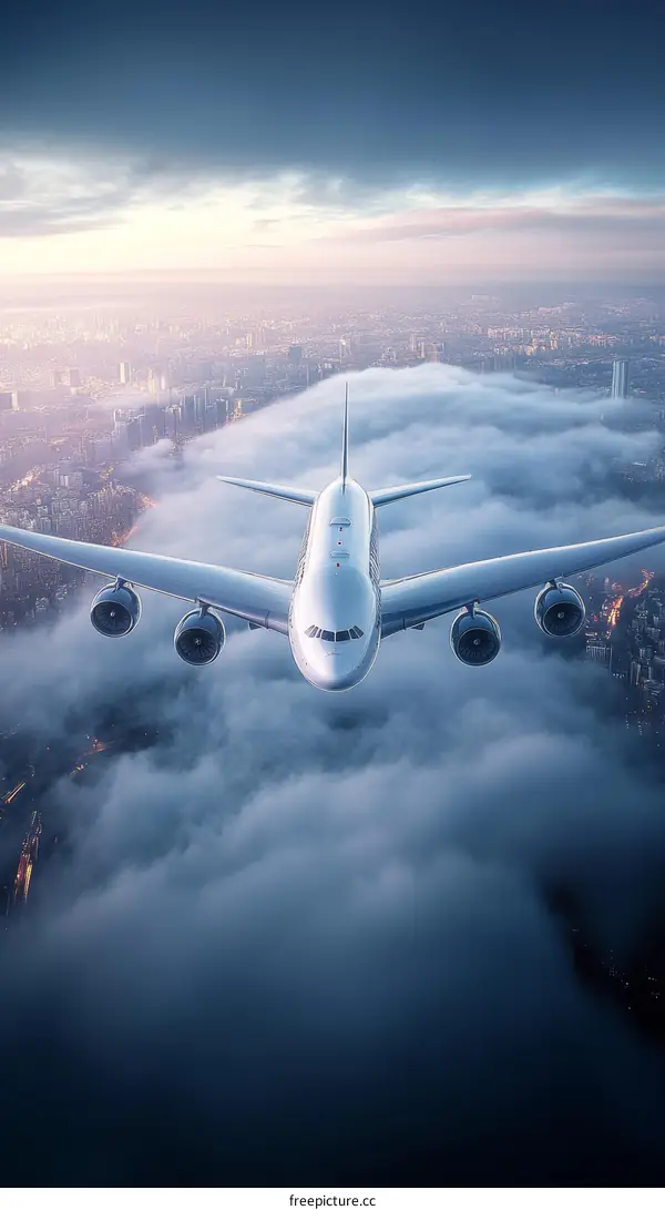 Airplane Flying Above City Through Clouds