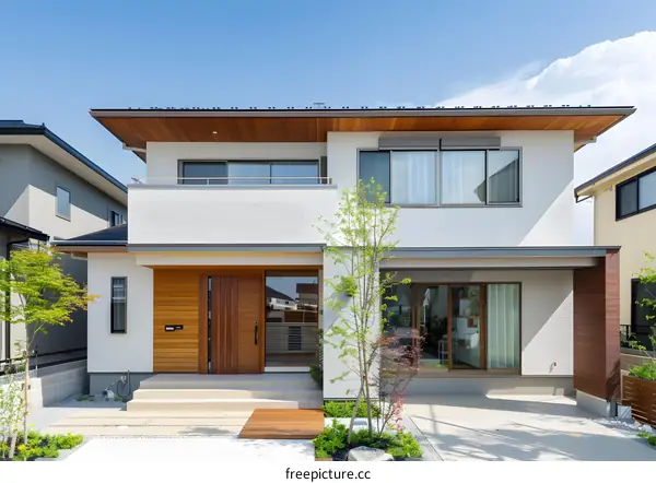 Modern Two Story White House with Wooden Front Door