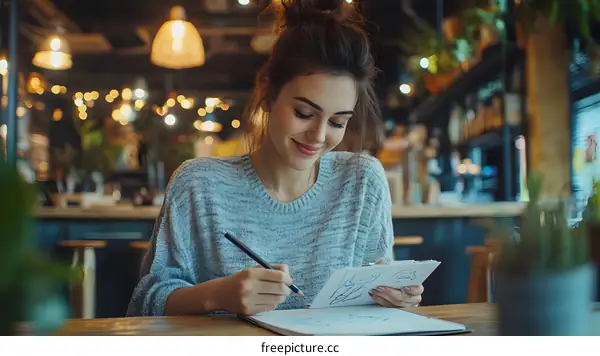 Young Woman Sitting at a Cafe Table and Drawing in a Notebook