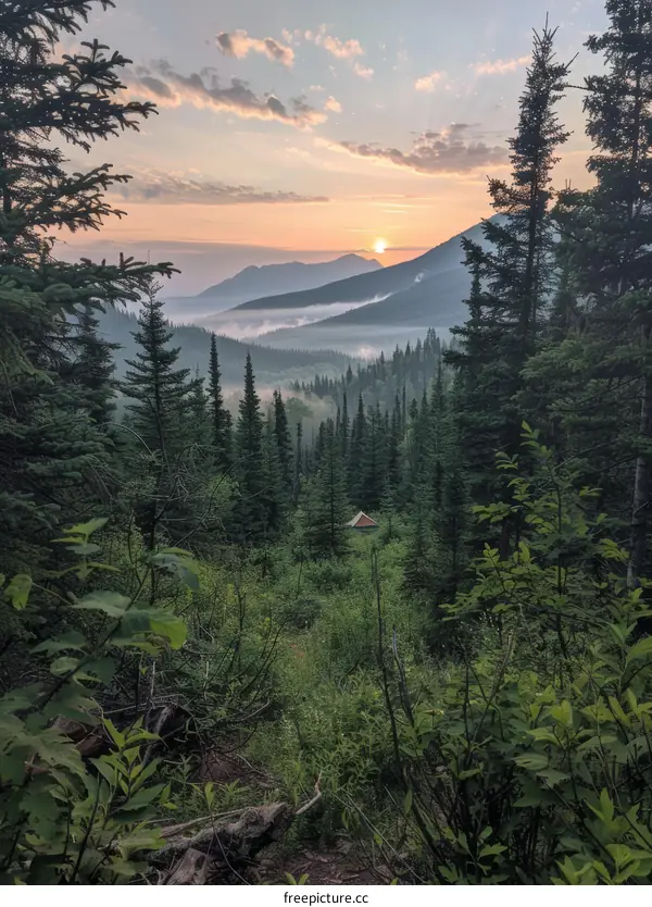 Small cabin nestled in a valley surrounded by dense forest
