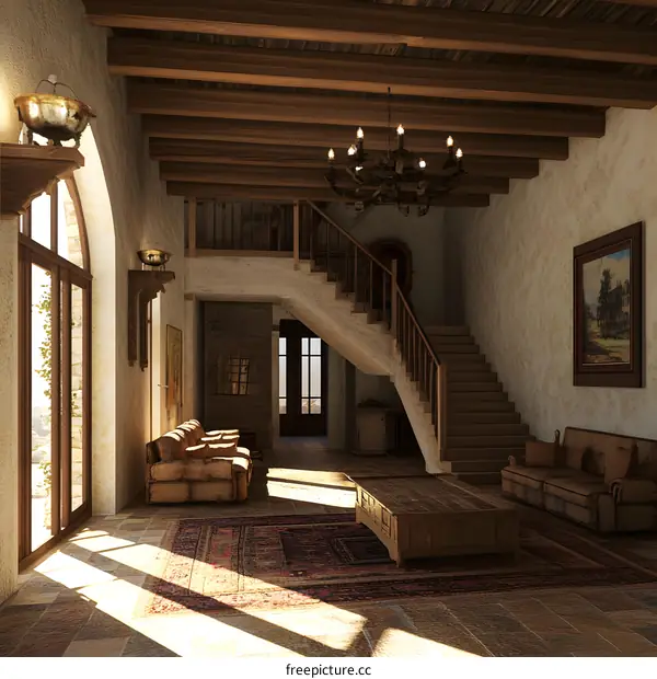 Rustic Interior Design with Wooden Beams and a Staircase