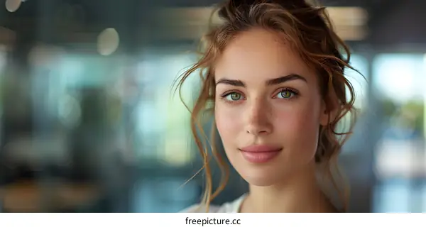 portrait of a young woman with green eyes and freckles
