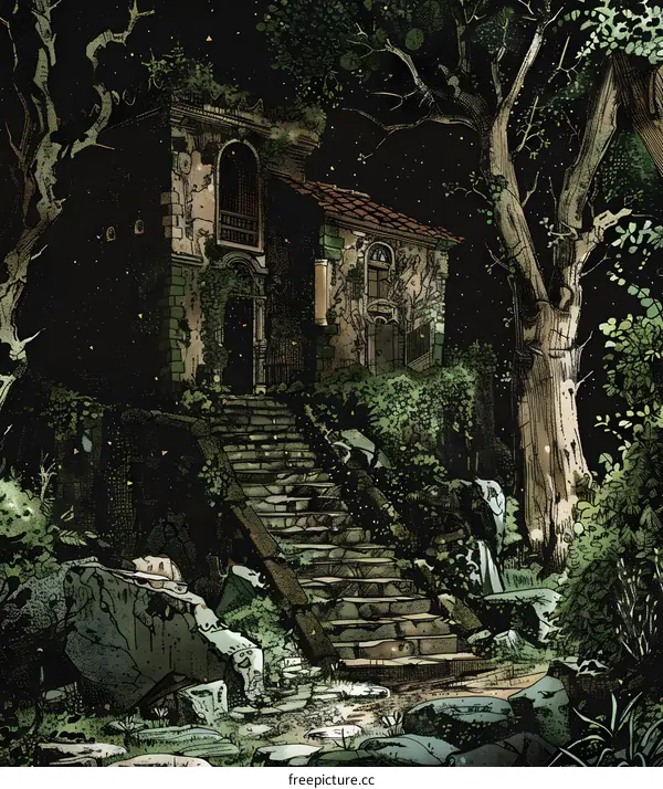 Nighttime Illustration of a Stone House in a Forest