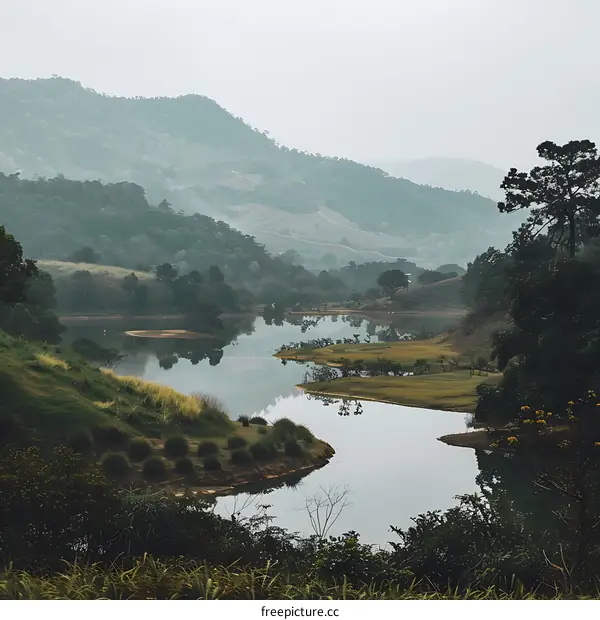 Serene Landscape with Foggy Mountains and a Winding River