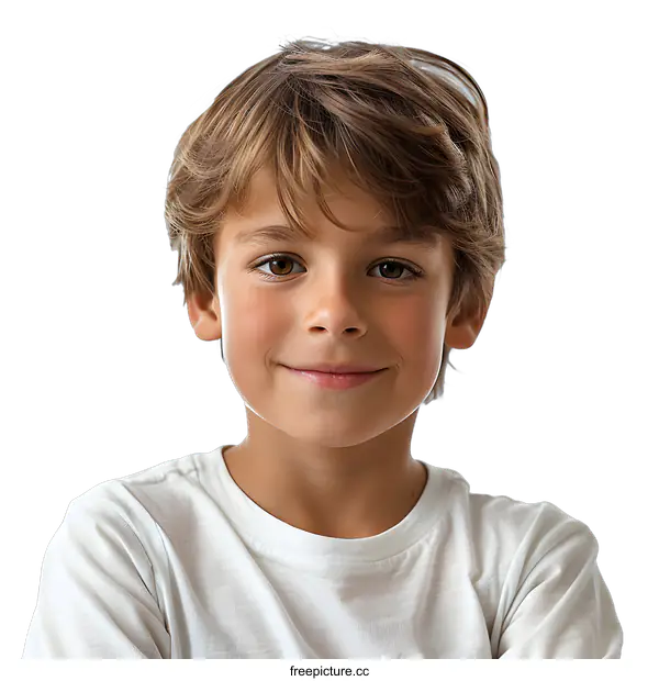 [Transparent Background PNG]Portrait of Happy Smiling Caucasian Boy Wearing White T-Shirt