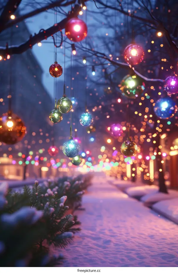 Snowy Street Decorated with Christmas Lights