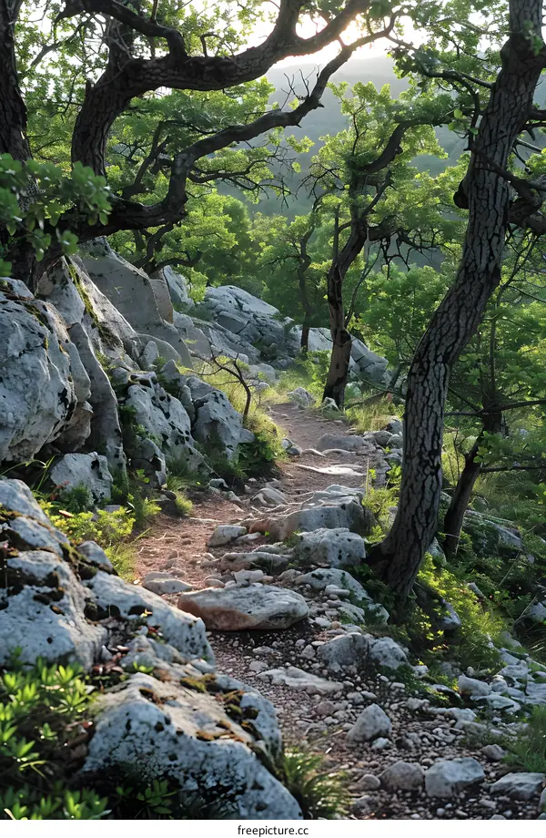 Rocky Mountain Trail Path With Lush Trees
