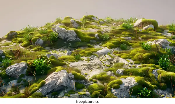Moss Covered Rocks in a Lush Green Landscape