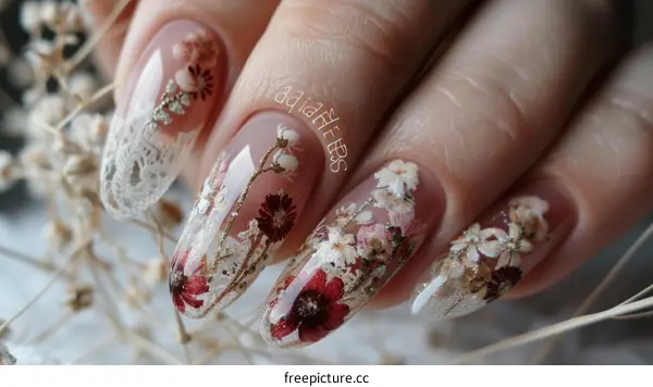 Dried flowers and lace decorated transparent fake nails with a close up of the hand