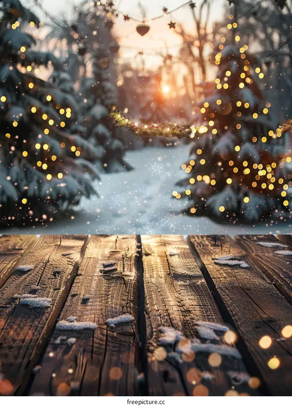 Wooden table with blurred Christmas lights in the background
