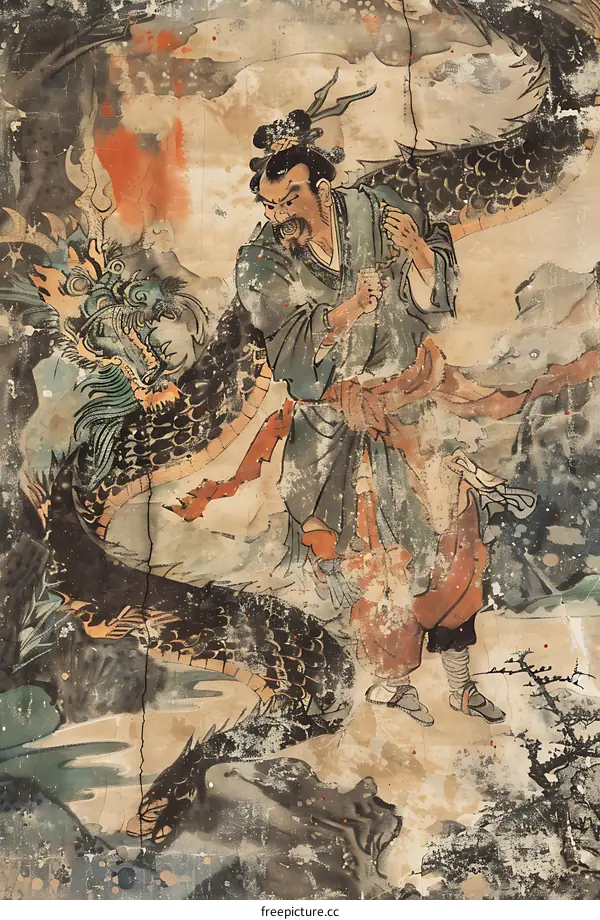 Ancient Chinese Painting of Man Fighting Dragon