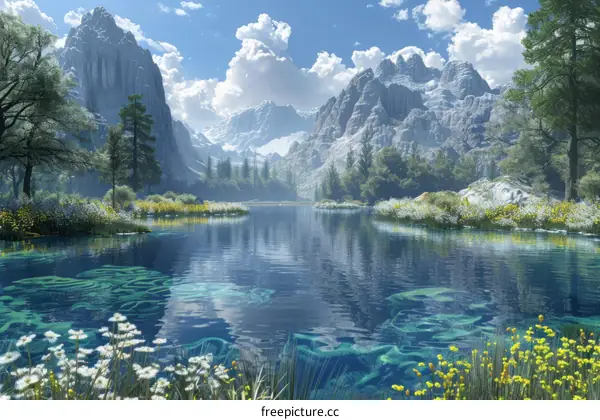 Stunning Mountains, Serene Lake, and Vibrant Flowers