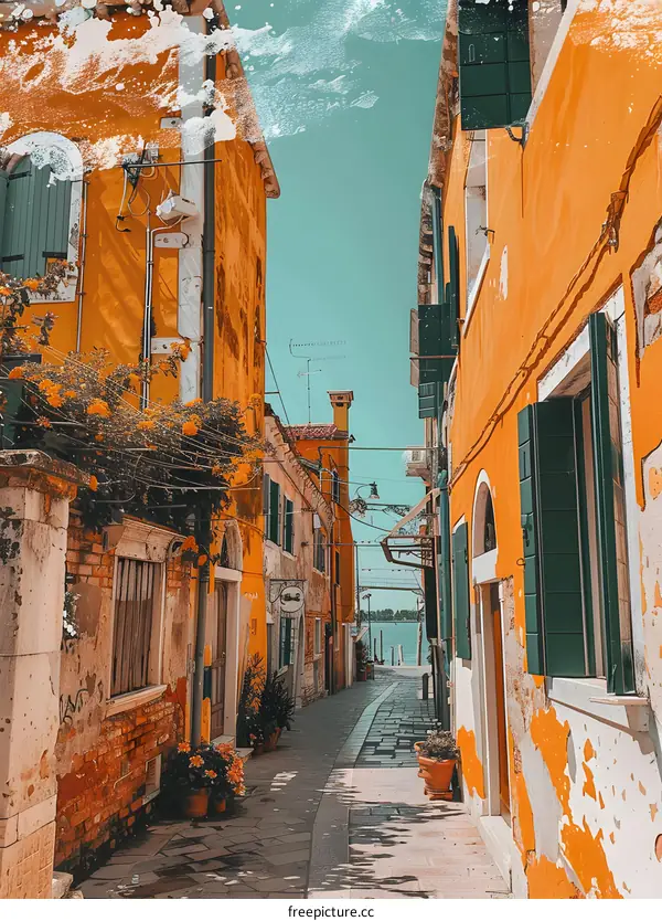 Narrow Italian Alleyway with Buildings and a View of Water
