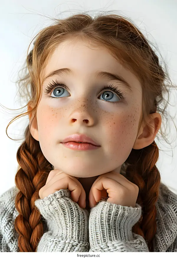 Little girl with red hair and blue eyes looking up