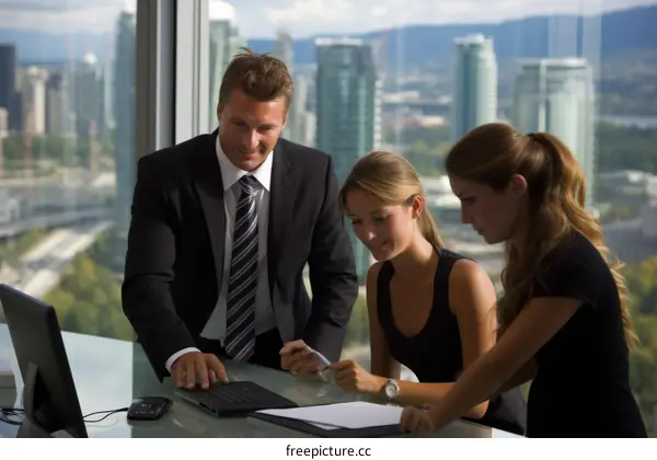 Business people meeting in a modern office with a city view