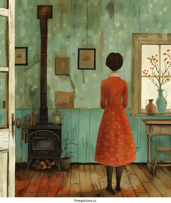 girl in red dress standing in front of the window