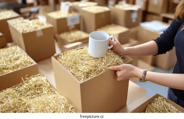 Woman Packing a White Mug in a Cardboard Box