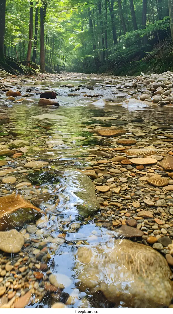 stones in a river flowing through a forest