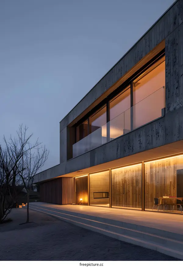 Modern Minimalist Concrete House with Wooden Accents and Large Windows at Dusk