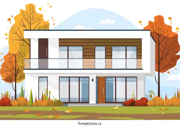 Modern House with Autumn Trees Illustration