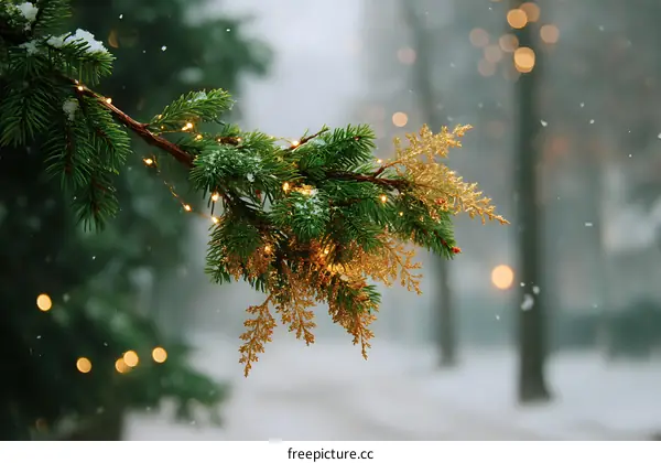 Snowy Winter Christmas Tree Branch with Golden Decorations