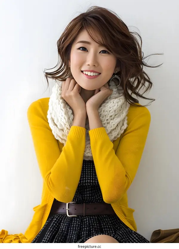 Woman in Yellow Cardigan and White Scarf