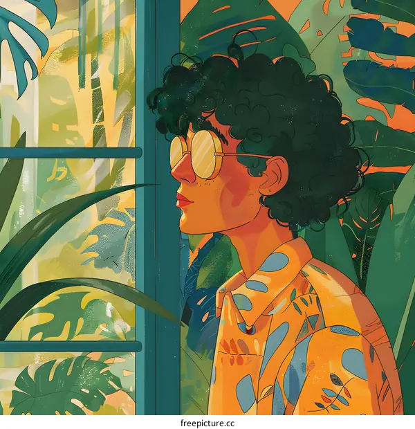 Young Woman With Curly Hair Looking Out Window