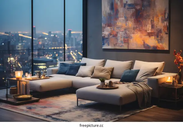Modern living room interior with large windows and city view at night
