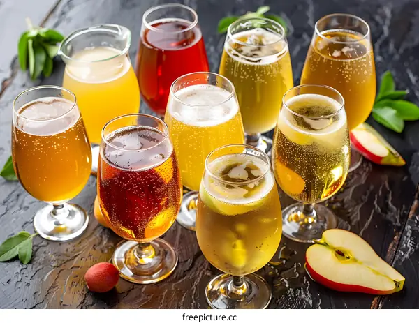 Variety of Apple Cider with a Red Apple on the Table