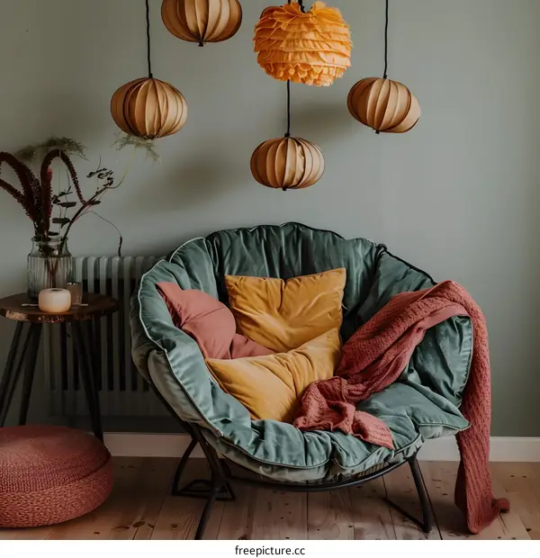 Cozy Living Room Interior Design With Green Chair And Pillows