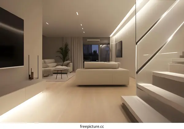 Modern Living Room Interior Design with White Sofa and Staircase