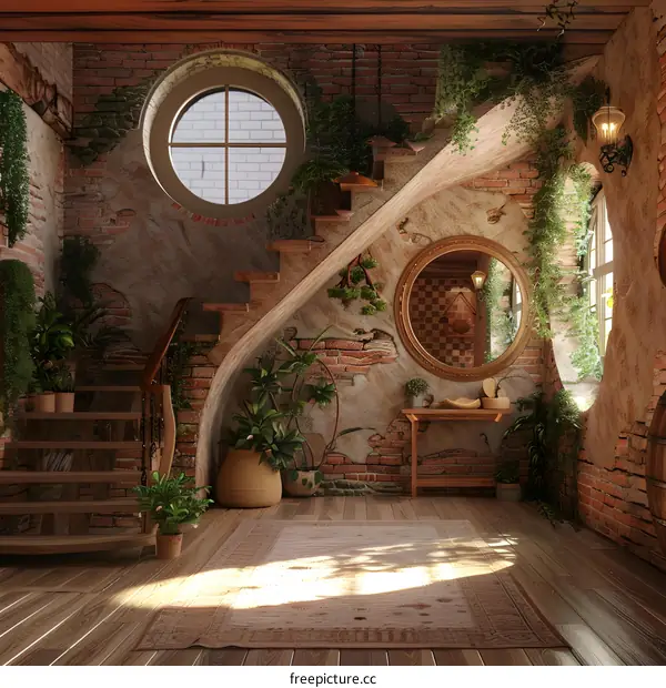 Rustic Interior Design With Wooden Stairs And Plants
