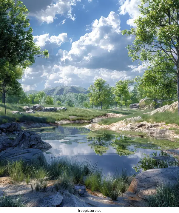 Tranquil Landscape with Pond, Trees, and Distant Mountains