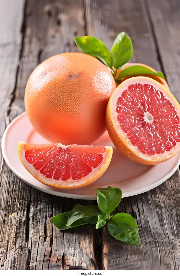 Freshly Sliced Grapefruit on a Plate with Green Leaves