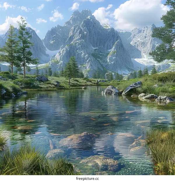 Crystal Clear Mountain Lake Reflecting Snow-Capped Peak