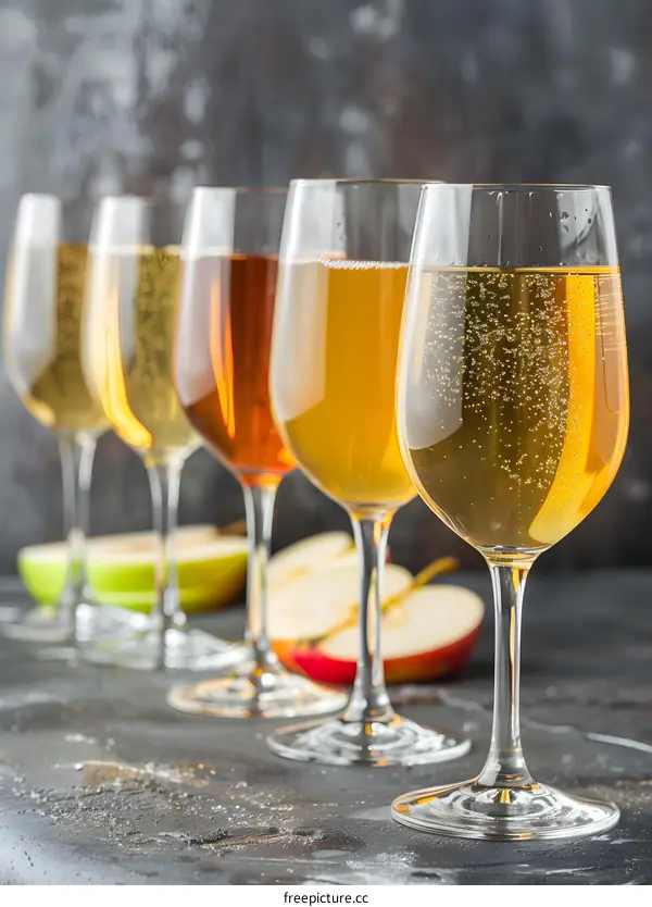 Assortment of Apple Cider in Wine Glasses with Apple Slices