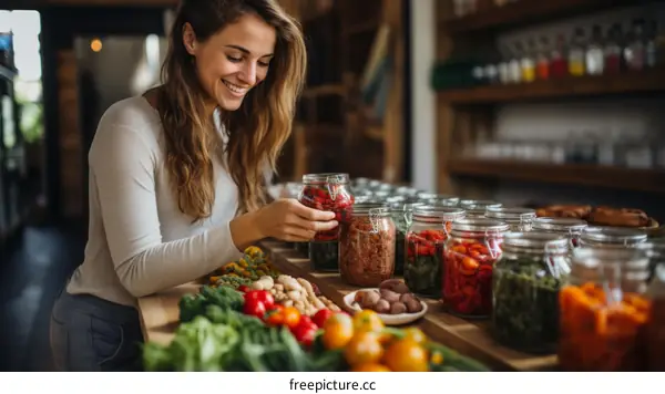 Smiling woman looking at a jar of food in a grocery store