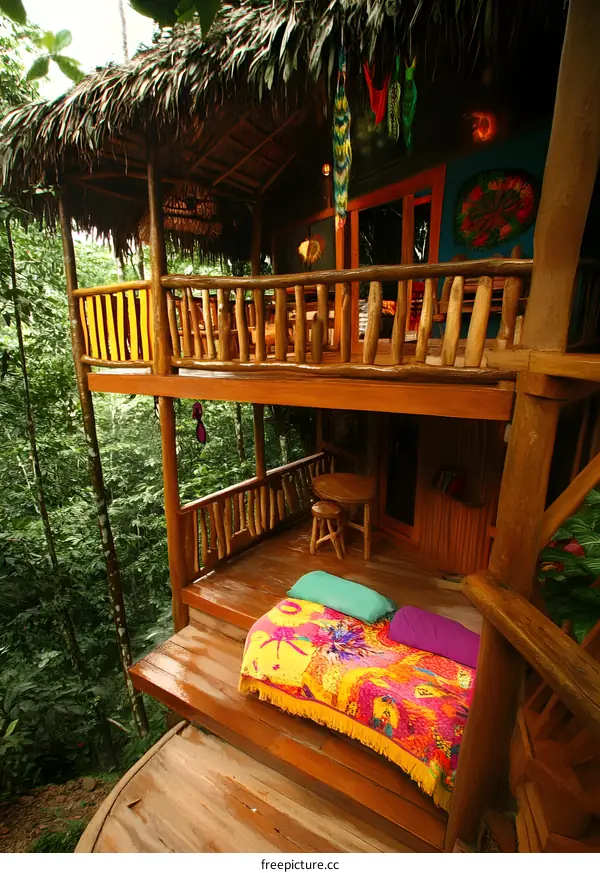 Tropical Treehouse with Colorful Bedding and Jungle View