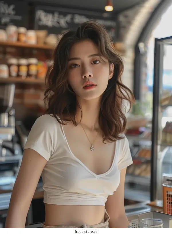 Charming Asian woman sits in cafe