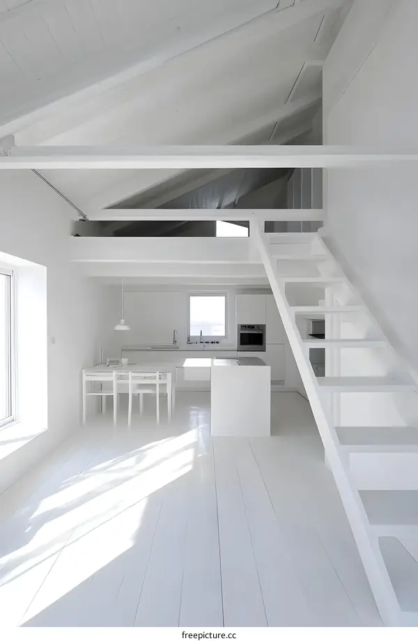 Modern White Loft Interior Design with Open Kitchen and Stairs