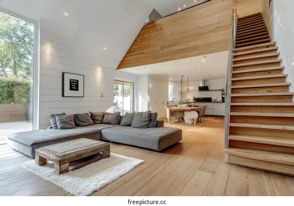 Modern Scandinavian Living Room with Wooden Staircase