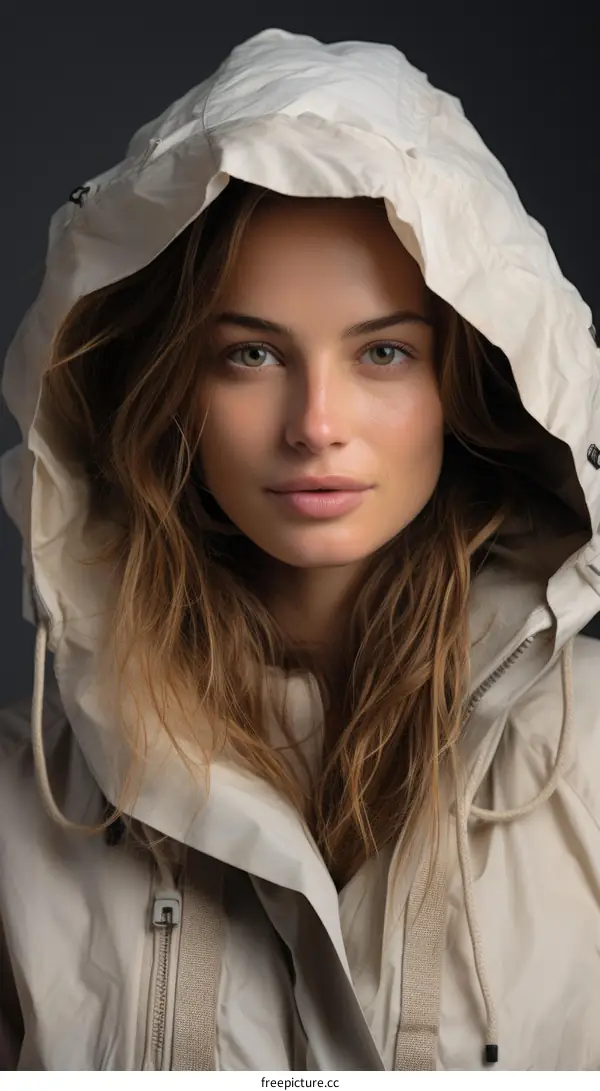 portrait of a young woman in a beige raincoat with hood