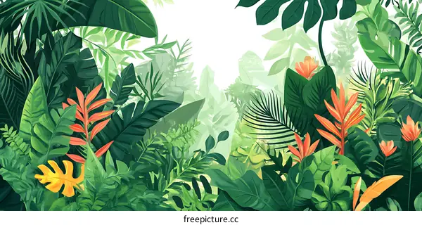 Tropical Jungle Leaves and Flowers Illustration