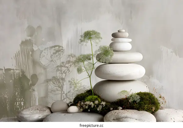 Zen Stone Stack with Green Plant and Moss on Textured Background