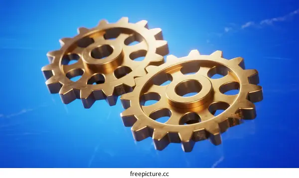 Two golden metal gears with circular holes on blue background