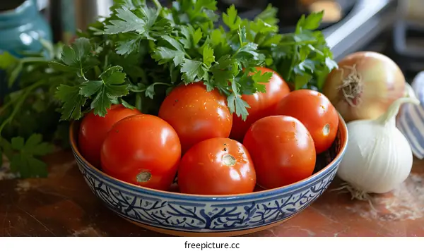 A Bowl of Tomatoes, Garlic, and Parsley