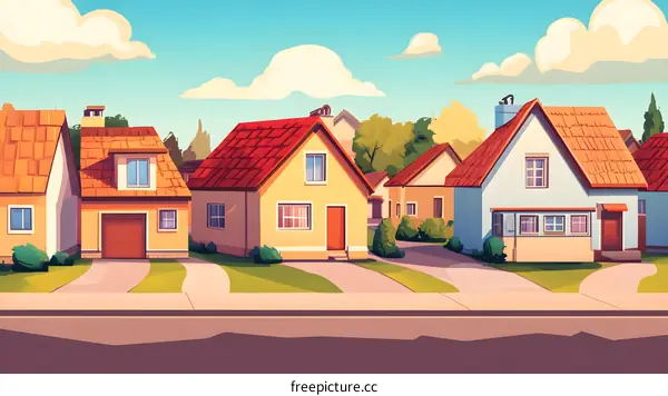 Cartoon Illustration of Houses in a Small Town